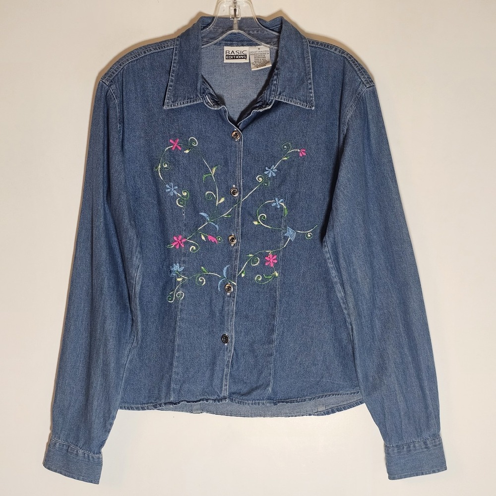 Basic Editions Top Womens Medium Denim Floral Embroidered Cottagecore 90s Granny